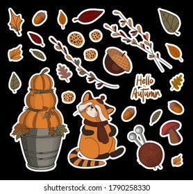 Vector autumn set of stickers. PUMPKINS AND BRANCHES. Autumn leaves. Children's print for textiles and clothing. Product design.