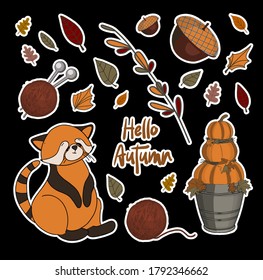Vector autumn set of stickers. PUMPKINS AND BRANCHES. Autumn leaves. Children's print for textiles and clothing. Product design.
