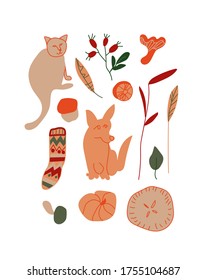 Vector autumn set.Illustrations with Corgi,cat,rosehips,wool sock,pie in orange,red and green in doodle style.Design for poster,social networks,web.