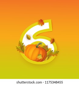 Vector autumn six 6 number with forest leaves and pumpkins on orange background. Seasonal typography symbol with floral maple oak tree leaves, thanksgiving holiday sign and harvest vegetable