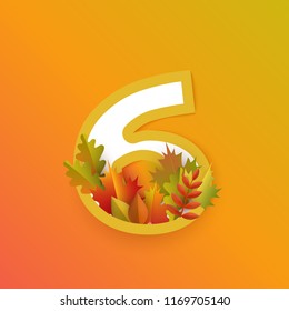 Vector autumn six number 6 with forest leaves on orange background. Seasonal typography symbol illustration with floral maple oak tree leaves, thanksgiving holiday sign