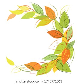 Vector autumn square background with green and orange leaves with empty place for your text, circle composition.