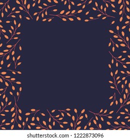 Vector autumn square frame of bright sprigs of barberry on a dark background, hand-drawn. Seasonal natural illustration