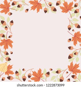Vector autumn square frame of bright colored leaves and twigs with acorns on a light background drawn by hand. Seasonal natural illustration