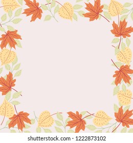 Vector autumn square frame of bright colored leaves on a light background drawn by hand. Seasonal natural illustration