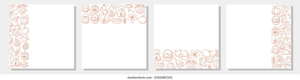 Vector autumn square poster set with various frame, upper, bottom, left, right side. Minimalist monochrome red, isolated background. Fall seasonal cozy elements. For card, banner, invitation, festival