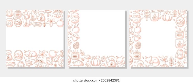 Vector autumn square poster set with minimalist monochrome red various frame, upper, bottom, corner. Space for text. Fall seasonal cozy elements. For card, banner, invitation, social media, festival