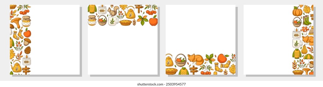 Vector autumn square posters set with various frame, upper, bottom, left, right side. Space for text, isolated background. Colorful fall seasonal cozy elements. For card, banner, invitation, festival
