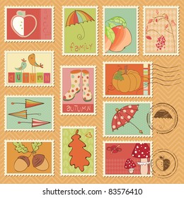 Vector Autumn Stamps. Set of Beautiful Rubber and Postage Marks