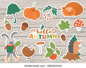 Vector Autumn Sticker Pack. Cute Fall Season Icons Set For Prints, Badges.  Funny Illustration Of Forest Animals, Pumpkins, Mushrooms, Leaves, Harvest, Vegetables, Birds