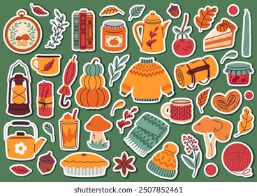 Vector autumn sticker pack on green background. Leaves, acorns, sweater, pumpkins, candles, pie, jam, and teapot. Collection of fall elements for stickers, scrapbooking, and patterns. Hello autumn.