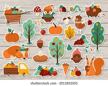 Herbstaufkleber für Vektorgrafik. Herbstpflastersammlung mit süßen Waldtieren, Bäumen, Vögeln auf Holzhintergrund. Herbstferien-Paket mit Gartenelementen, Ernte, Obst, Gemüse
