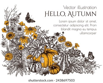 Vector autumn still life in engraving style. Pumpkins, autumn flowers, berries and butterflies