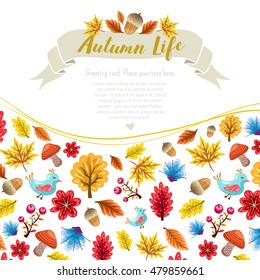 Vector autumn stylish brochure. Fancy colorful card design with oak, maple leaves, birds, mushrooms, trees, berries, flowers. Poster about mid season