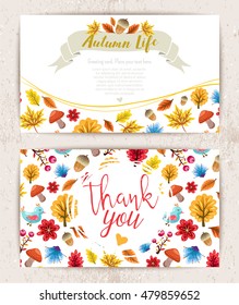 Vector autumn stylish business cards. Fancy mid season cards design with oak, maple leaves, birds, mushrooms, trees, berries, flowers