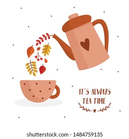 Vector autumn teapot and cup with leaves on isolated background. Fall set of elements.