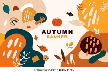 Vector autumn template banner. Autumn background with leaves and abstract shapes. Halloween template