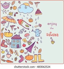 Vector autumn template. Hand drawn card with cute icons. Clip art for design.