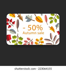 Vector autumn template. Modern stylized colorful leaves.  Discount loyalty card - autumn sale.