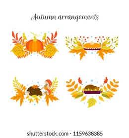 Vector Autumn and Thanksgiving day composition with turkey, pumpkin, hedgehog, pumpkin pie. Perfect for autumn decoration.