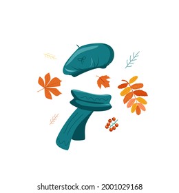 Vector autumn things, emerald beret and scarf with autumn leaves, isolated on a white background. Stylish things for autumn weather