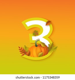 Vector autumn three 3 number with forest leaves and pumpkins on orange background. Seasonal typography symbol with floral maple oak tree leaves, thanksgiving holiday sign and harvest vegetable
