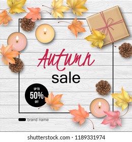 Vector autumn top view composition with fallen leaves on a wooden background