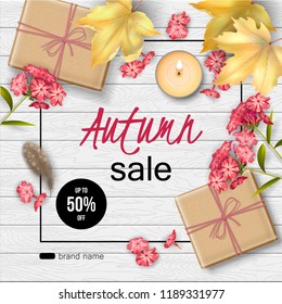 Vector autumn top view composition with fallen leaves on a wooden background