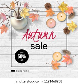 Vector autumn top view composition with fallen leaves on a wooden background