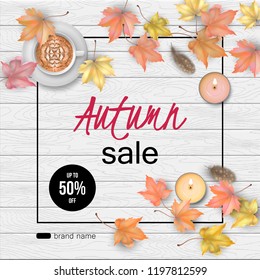 Vector autumn top view composition with fallen leaves on a wooden background