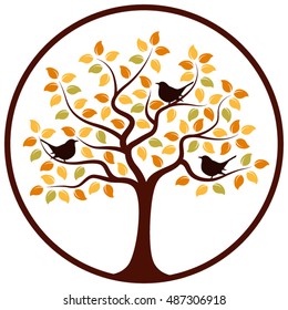 vector autumn tree and birds in round isolated on white background