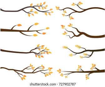 Vector autumn tree branch silhouettes with yellow leaves in flat style