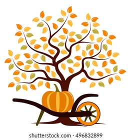 vector autumn tree and hand barrow with pumpkin isolated on white background