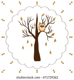 Vector autumn tree and owl card. Abstract background with owl on tree branches. Owl vector. For season design, announcements, postcards, posters.