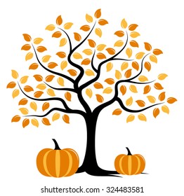 vector autumn tree and pumpkins isolated on white background