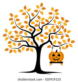 vector autumn tree with swing and halloween pumpkin isolated on white background