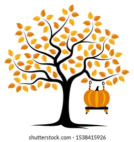 vector autumn tree with swing and pumpkin isolated on white background