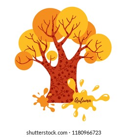 Vector autumn tree with yellow and orange spots and ornament on the trunk. Cute child illustration in a cartoon style. Bright cozy tree with flowers. Fairy tale forest