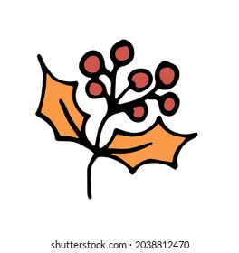 Vector of autumn twigs with leaves and berries on a flat hand-drawn style of branches with sharp orange leaves and red berries. Isolated floral element on a white background. Cartoon vector illustrati