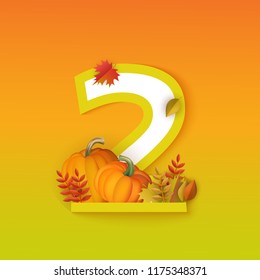 Vector autumn two 2 number with forest leaves and pumpkins on orange background. Seasonal typography symbol with floral maple oak tree leaves, thanksgiving holiday sign and harvest vegetable