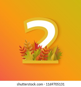 Vector autumn two number 2 with forest leaves on orange background. Seasonal typography symbol illustration with floral maple oak tree leaves, thanksgiving holiday sign