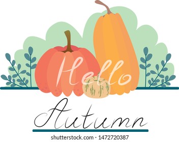 Vector autumn vegetables pumpkins in warm colors with green cloud background. Calligraphic inscription "hello autumn"