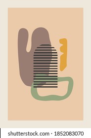 Vector Autumn vertical background with abstract elements and shapes in Boho style. Wall art composition minimalist Mid century modern.