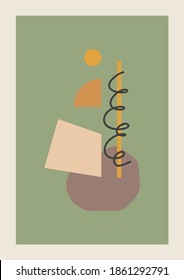 Vector Autumn vertical background with abstract elements and shapes in Boho style. Wall art composition minimalist Mid century modern.