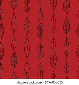 Vector autumn vertical leaves seamless pattern in red. Simple doodle leaves hand drawn made into repeat. Great for background, wallpaper, wrapping paper, packaging, fashion.