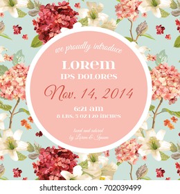 Vector Autumn Vintage Hortensia Flowers. Baby Arrival Floral Card in Watercolor Style.