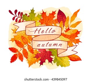 Vector autumn watercolor background with colorful leaves and ribbon banner