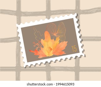 Vector autumn watercolor bouquet of leaves with gradient hand drawn postage stamp.  illustration of autumn contour watercolor leaves. Postage stamp on a plaid with autumn fallen orange leaves