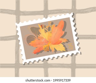 Vector autumn watercolor bouquet of leaves with gradient hand drawn postage stamp.  illustration of autumn contour watercolor leaves. Postage stamp on a plaid with autumn fallen orange leaves