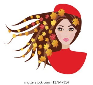 vector autumn woman with fall leaves in the hair